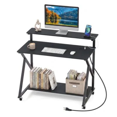 Costway Rolling Computer Desk With Charging Station And Monitor Shelf Storage For Home Office-black