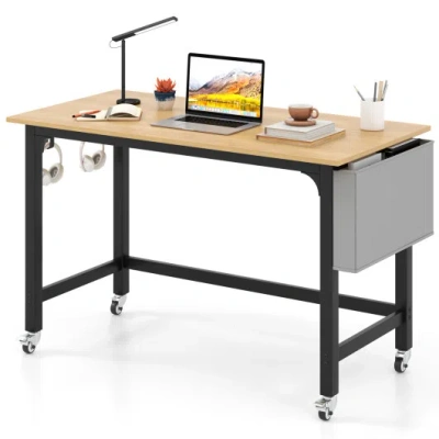 Costway Rolling Computer Desk With Headphone Hooks And Lockable Wheels For Home Office-natrual