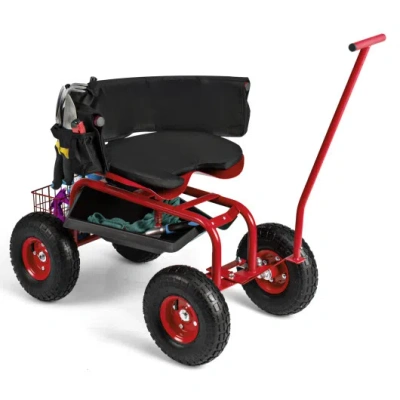 Costway Rolling Garden Cart With Height Adjustable Swivel Seat And Storage Basket-red