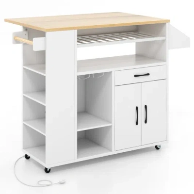 Costway Rolling Kitchen Island Cart With Power Outlet For Dining Room-white And Natural