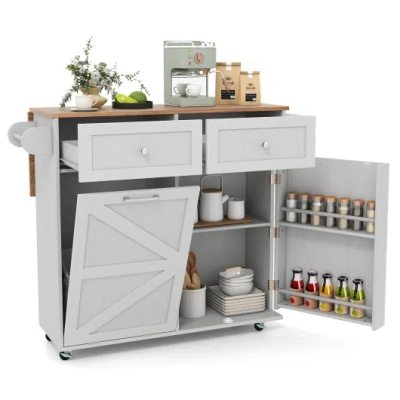 Costway Rolling Kitchen Island With Trash Can Cabinet And Rubber Universal Wheels-grey In Gray