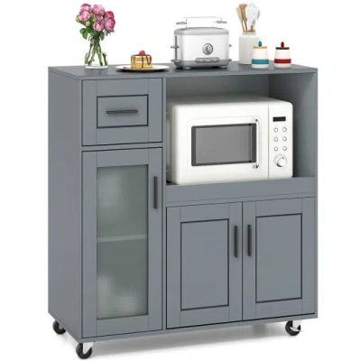 Costway Rolling Kitchen Island With Wheels Drawer And Glass Door Cabinet-gray