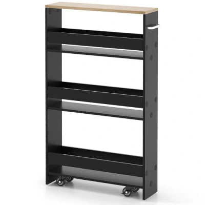 Costway Rolling Kitchen Slim Storage Cart Mobile Shelving Organizer With Handle-black In Multi