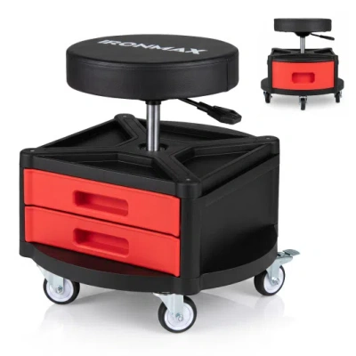 Costway Rolling Mechanic Stool With Cushioned Seat & Dual Tool Trays 330 Lbs-red In Black