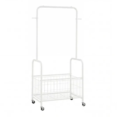 Costway Rolling Metal Clothes Rack With Hanging Rod And Storage Basket-white In Gray