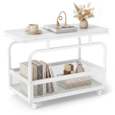 Costway Rolling Side Table 2-tier Narrow End Table With Mesh Storage Basket-white