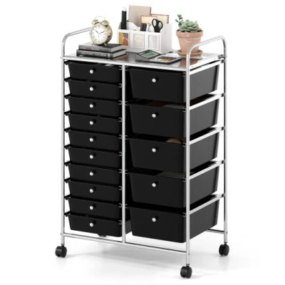 Costway Rolling Storage Cart 15-drawer Trolley With Chrome Plated Metal Frame-black In Multi