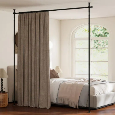 Costway Room Divider Curtain Rod With Adjustable Floor To Ceiling Tension Rod No Drilling Required-black In Brown
