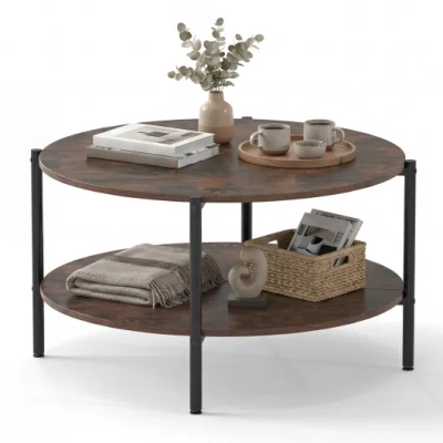 Costway Round Coffee Table 2-tier Industrial Accent Table With Open Storage Shelf-rustic Brown