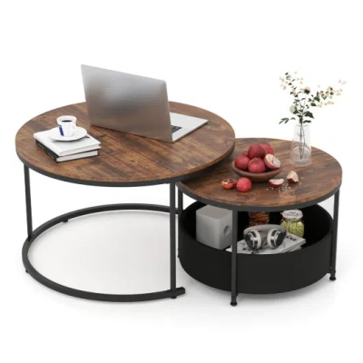 Costway Round Coffee Table Set Of 2 Circle Cocktail Table With Storage Basket In Brown
