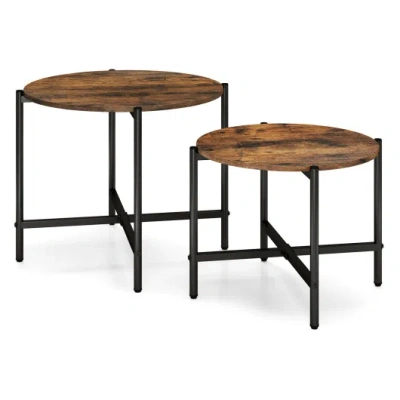 Costway Round Coffee Table Set Of 2 With Heavy-duty Metal Frame-rustic Brown