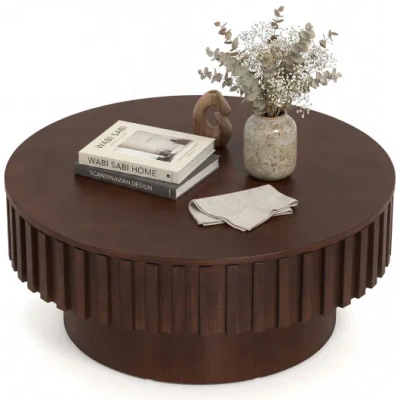 Costway Round Coffee Table With Storage Modern Wooden Drum Coffee Table With Hidden Compartment-walnut In Brown