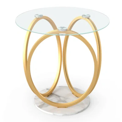 Costway Round End Table Faux Marble Side Table With Tempered Glass Tabletop-gold In Gray