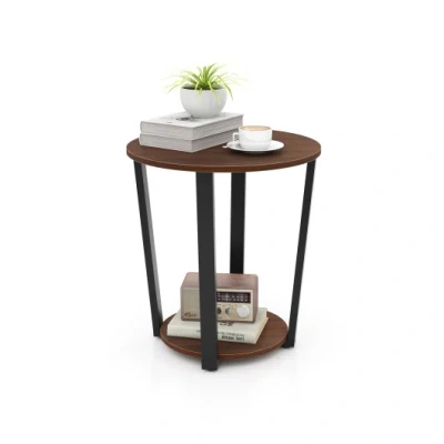 Costway Round End Table With Open Shelf And Metal Frame-walnut In Brown