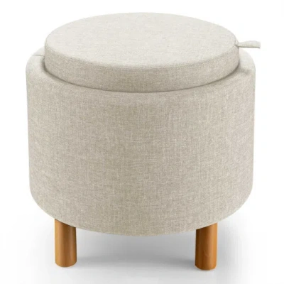 Costway Round Fabric Storage Ottoman With Tray And Non-slip Pads For Bedroom-beige In Neutral