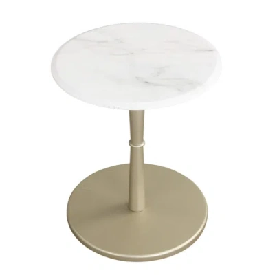 Costway Round Marble Side Table With Stone Finish And Wooden Base For Small Spaces-white And Gold In Brown