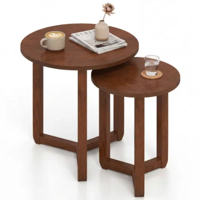 Costway Round Nesting Coffee Table Set Of 2 Wood Nesting End Tables With Thickened Top-walnut In Brown