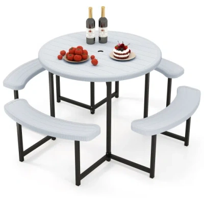 Costway Round Picnic Table Bench Set With 4 Benches And Umbrella Hole For Patio Lawn-white