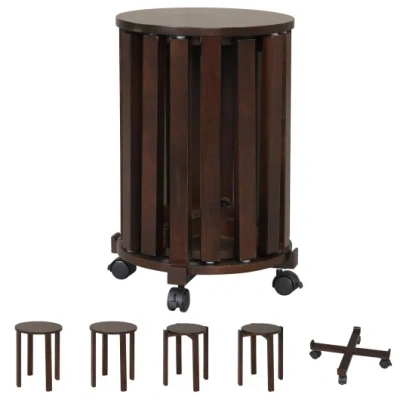 Costway Round Portable Wood Nesting Stools With Locking Casters-walnut In Brown