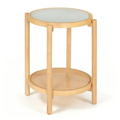 Costway Round Side Table 2-tier Boho End Table With Tempered Glass Top-natural In Multi