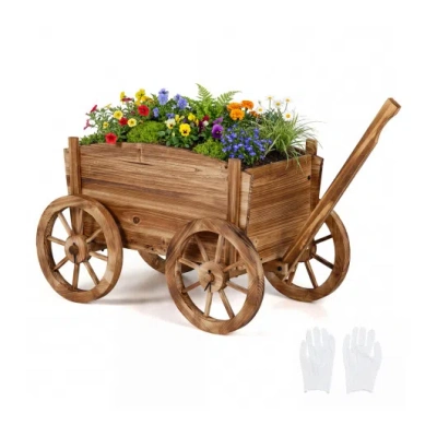 Costway Rustic Rolling Flower Pot Stand With Wheels And Handle-coffee In Brown