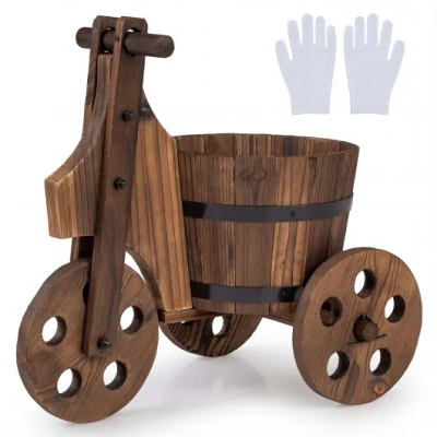 Costway Rustic Wood Tricycle Planter Barrel Flower Pot Cart With Drainage Hole-coffee