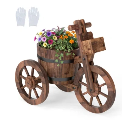 Costway Rustic Wood Tricycle Planter With Wheels And Storage Box-coffee In Brown