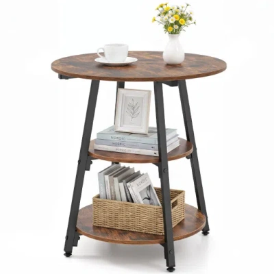 Costway Set Of 1 Industrial Side Tables With 3-tier Shelves & Metal Frame For Small Space-rustic Brown