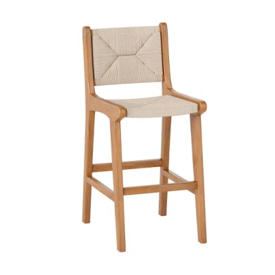 Costway Set Of 1 Outdoor Counter Height Bar Stool Woven Paper Rope Patio Barstool With Teak Wood Frame In Brown