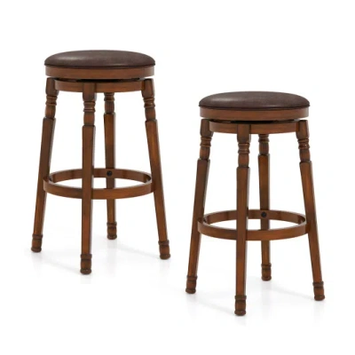 Costway Set Of 2 29-inch Swivel Leather Padded Dining Bar Stools In Brown
