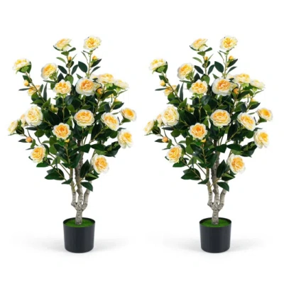 Costway Set Of 2 39.5" Artificial Camellia Tree With Orange Blossoms In Cement Pot For Decoration-white In Multi