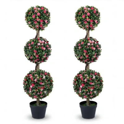 Costway Set Of 2 43.5" Artificial Triple Ball Rose Topiary Tree With Lifelike Blooms And Green Leaves In Multi