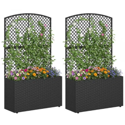Costway Set Of 2 49 Inch Raised Garden Bed With Trellis And Wicker Planter Box-black In Multi