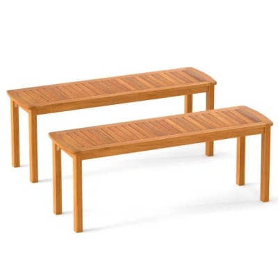 Costway Set Of 2 Acacia Wood Outdoor Bench With Slatted Seat For Garden In Brown