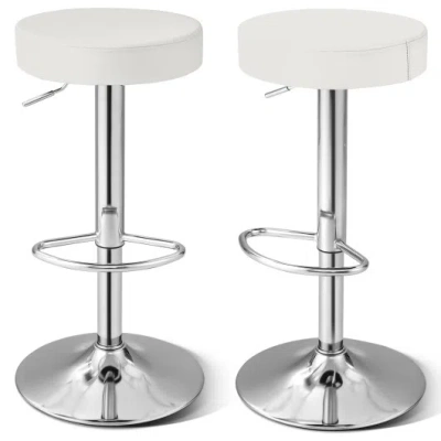 Costway Set Of 2 Adjustable Round Pu Leather Swivel Barstool With Chrome Footrest-white In Multi