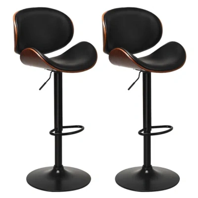 Costway Set Of 2 Adjustable Swivel Pu Leather Bar Stools With Curved Footrest In Black