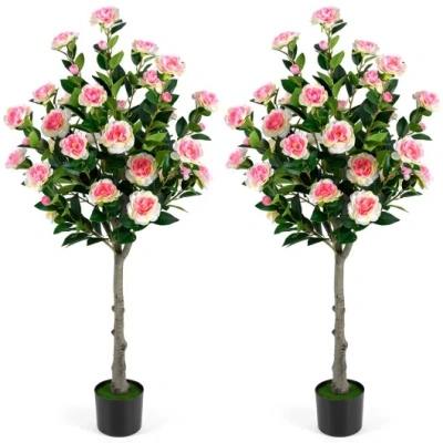 Costway Set Of 2 Artificial Camellia Tree With 27 Blossoms In Cement Pot For Home In Multi