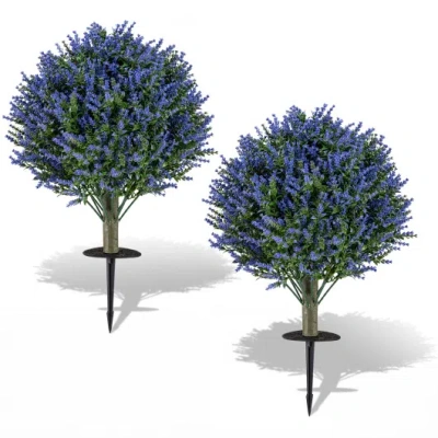 Costway Set Of 2 Artificial Lavender Topiary Ball Trees With Ground Spikes In Blue