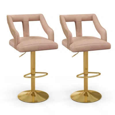 Costway Set Of 2 Bar Chairs With Footrest And 2-layer Electroplated Metal Base-pink In Gold