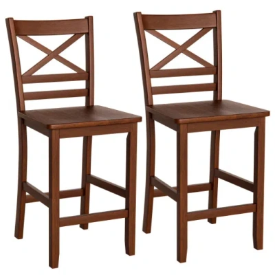 Costway Set Of 2 Bar Stools 25 Inch Counter Height Chairs With Rubber Wood Legs In Brown