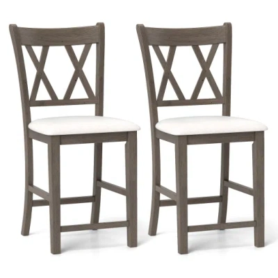 Costway Set Of 2 Bar Stools With Cross Back And Linen Fabric Upholstered Seat-beige In Brown