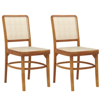 Costway Set Of 2 Boho Dining Chairs Rattan With Teak Wood Structure And Footrests In Animal Print