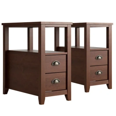 Costway Set Of 2 End Table Wooden With 2 Drawer & Shelf Bedside Table-brown