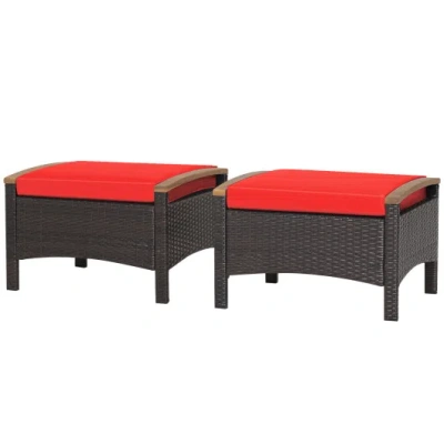 Costway Set Of 2 Fade-resistant Wicker Patio Ottoman-red In Brown