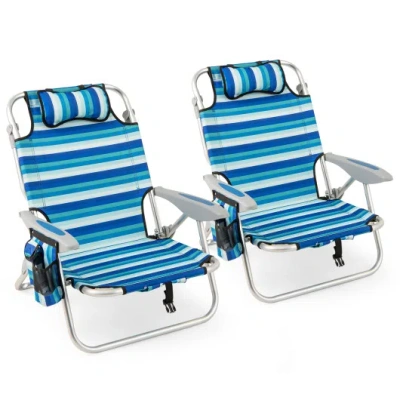 Costway Set Of 2 Folding Beach Chair For Adults With 4-position Adjustable Backrest In Blue