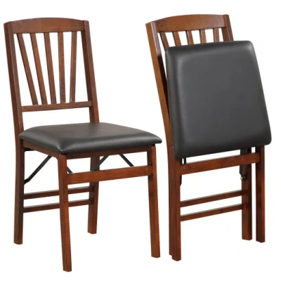 Costway Set Of 2 Folding Chairs With Padded Seat And Rubber Wood Frame-brown In Multi