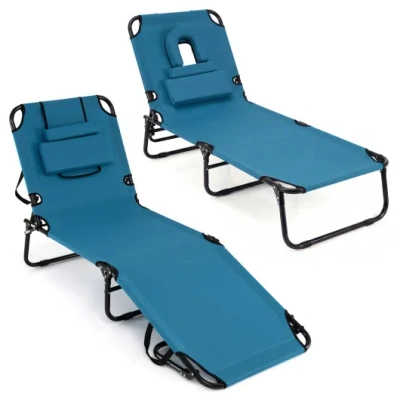 Costway Set Of 2 Folding Face Down Tanning Chair With Face Hole 3 Removable Pillows-blue