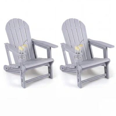 Costway Set Of 2 Hdpe Adirondack Chair With Cup Holder And Wooden Texture For Patio-gray In White