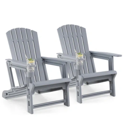 Costway Set Of 2 Hdpe Adirondack Chair With Cup Holder And Wood-like Texture For Garden-gray