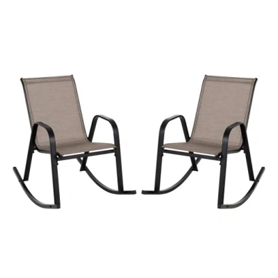 Costway Set Of 2 Heavy-duty Metal Patio Rocking Chair With Breathable Seat Fabric-brown